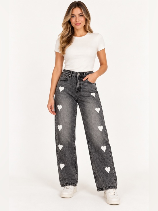 @Taedesigner closet Denim - Charcoal Acid Wash Jeans with White Hearts.
